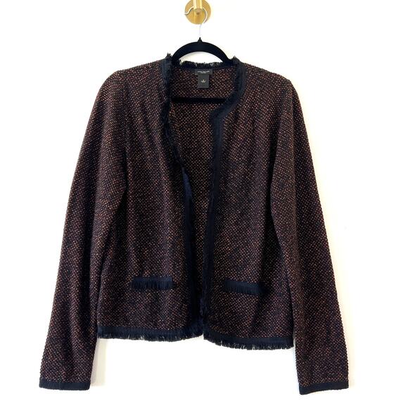 Ann Taylor Black Orange Burgundy Tweed Fringe Cardigan Blazer Womens Small - Picture 1 of 13